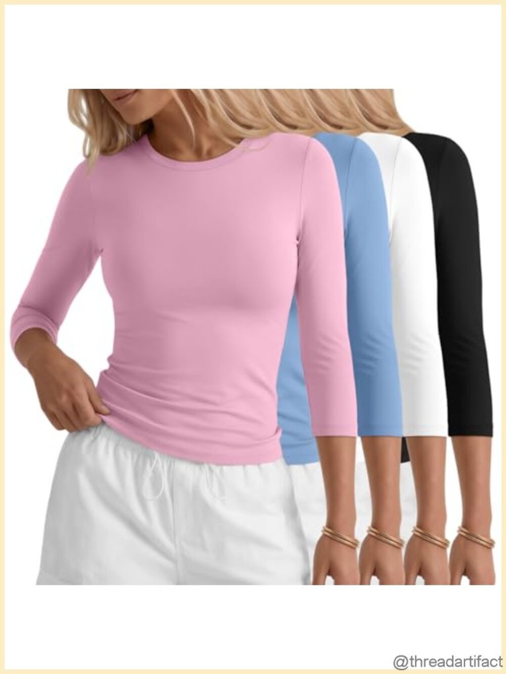 Women's 3/4 Sleeve Compression Workout Shirts 4 Pack Slim Fit Crew Neck